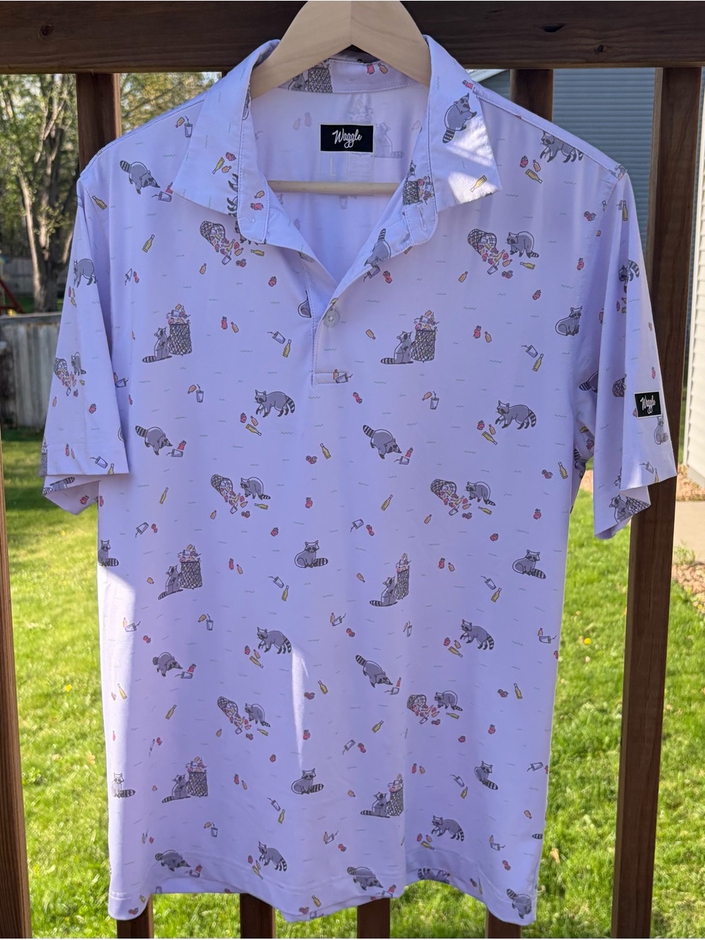 Waggle Lavender Large Novelty Golf Polo with Trash Panda Print